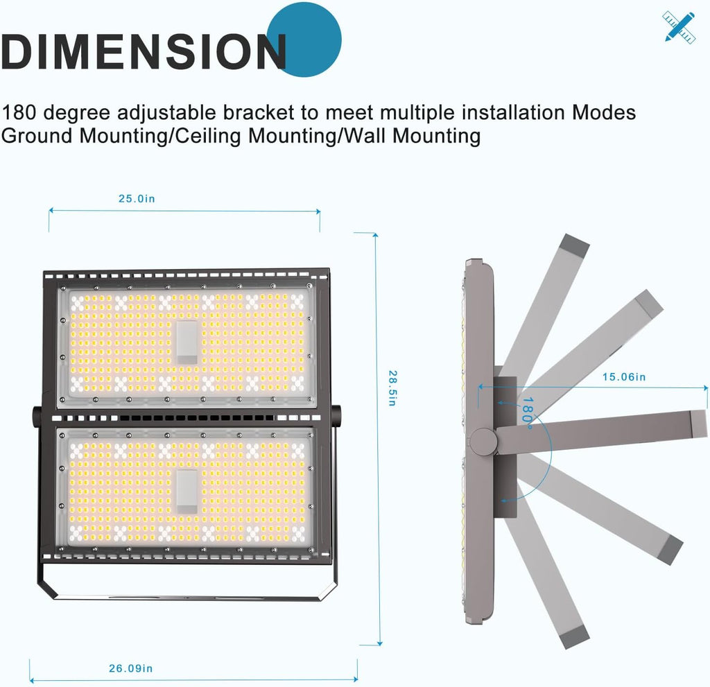 Upgrade 1000W LED Flood Light Outdoor 150000Lm Led Stadium Light with Adjustable Bracket, IP65 AC100-277V Commercial