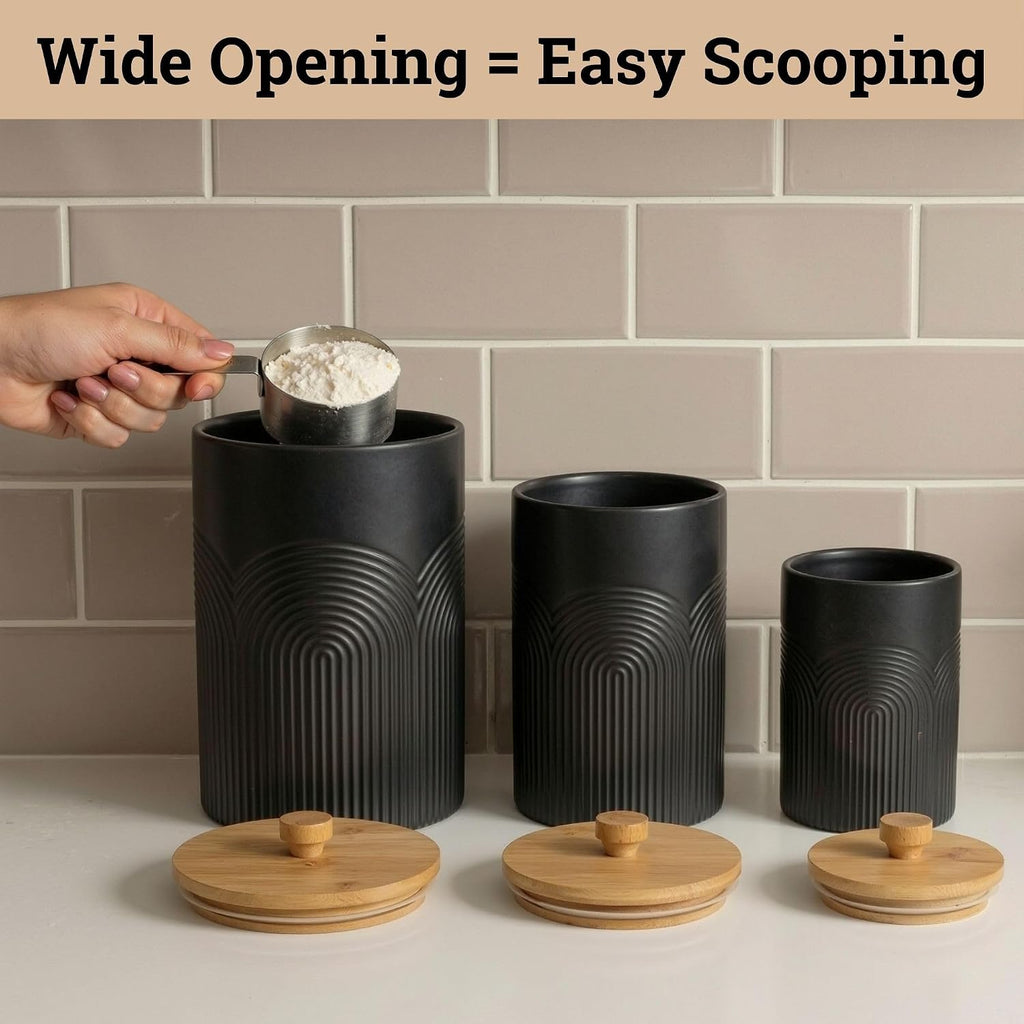 Ceramic Kitchen Canisters for Countertop w/ Airtight Bamboo Lids - Set of 3