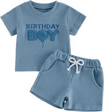 Toddler Baby Boy Birthday Outfit Waffle Knit Short Sleeve Shirt Shorts 1st 2nd 3rd 4th Birthday Outfits Clothes Set