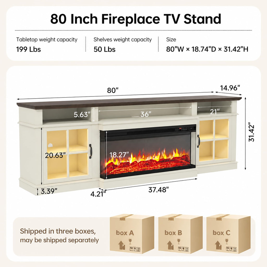 80" Farmhouse Fireplace TV Stand, 3‐Sided Glass Fireplace, White