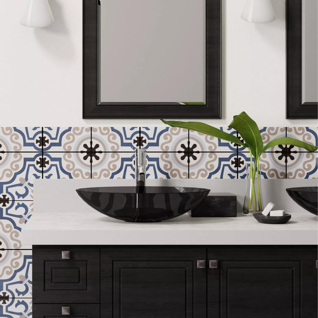 Azure Crest 8" x 8" Matte Porcelain Tile for Floor and Wall, Blue Gray Mediterranean Pattern, Spanish Encaustic Look