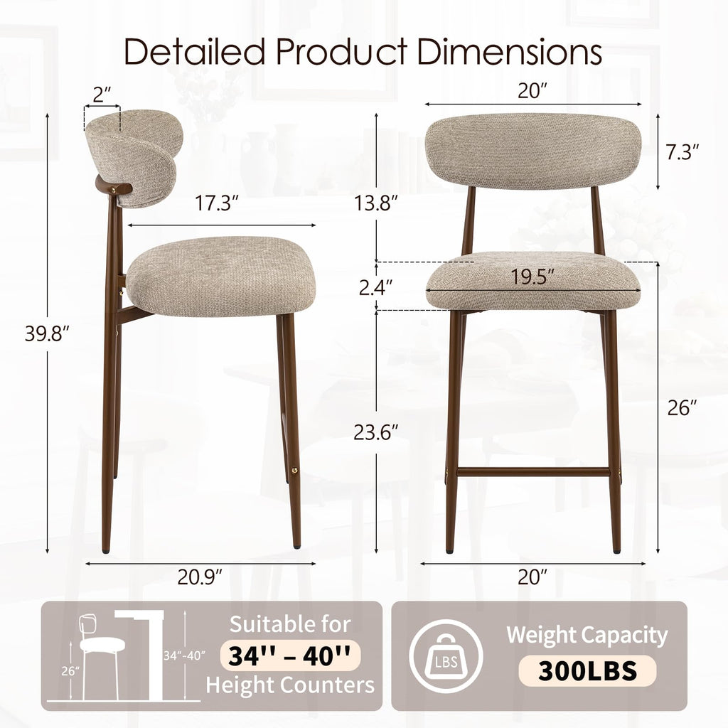 26'' Counter Height Bar Stools Set of 2, Mid Century Modern Chenille Barstools with Curved Back and Walnut Wood Grain