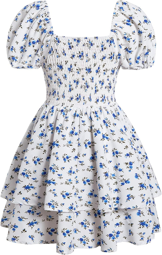 Girls Floral Puff Sleeve A Line Summer Dress Casual Short Sundress
