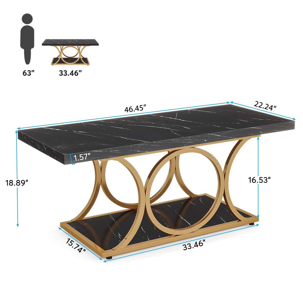 Rectangle Coffee Table, 47.24-inch Modern Coffee Tables, 2-Tier Faux Marble Wood Coffee Table with Geometric Metal