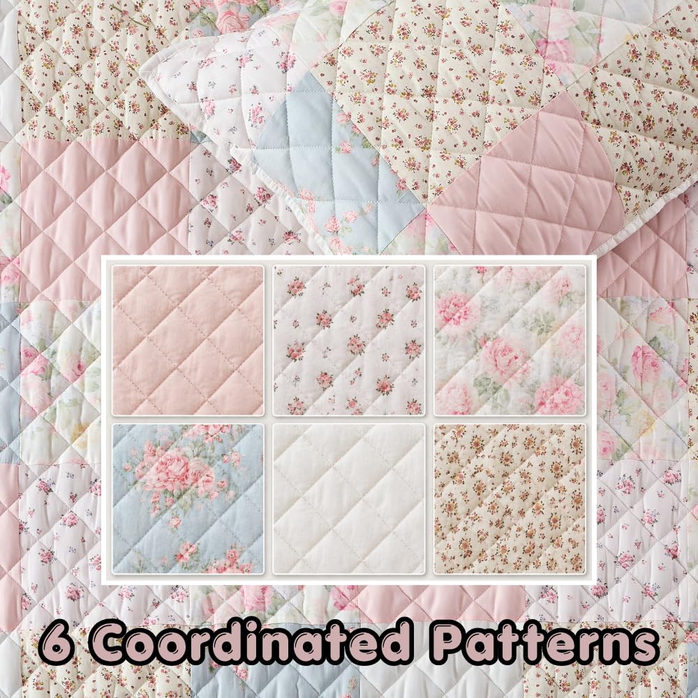 Real Patchwork Quilt Set, 3 Piece Cotton Front Floral Pink Bedding, Boho Farmhouse Reversible Bedspread