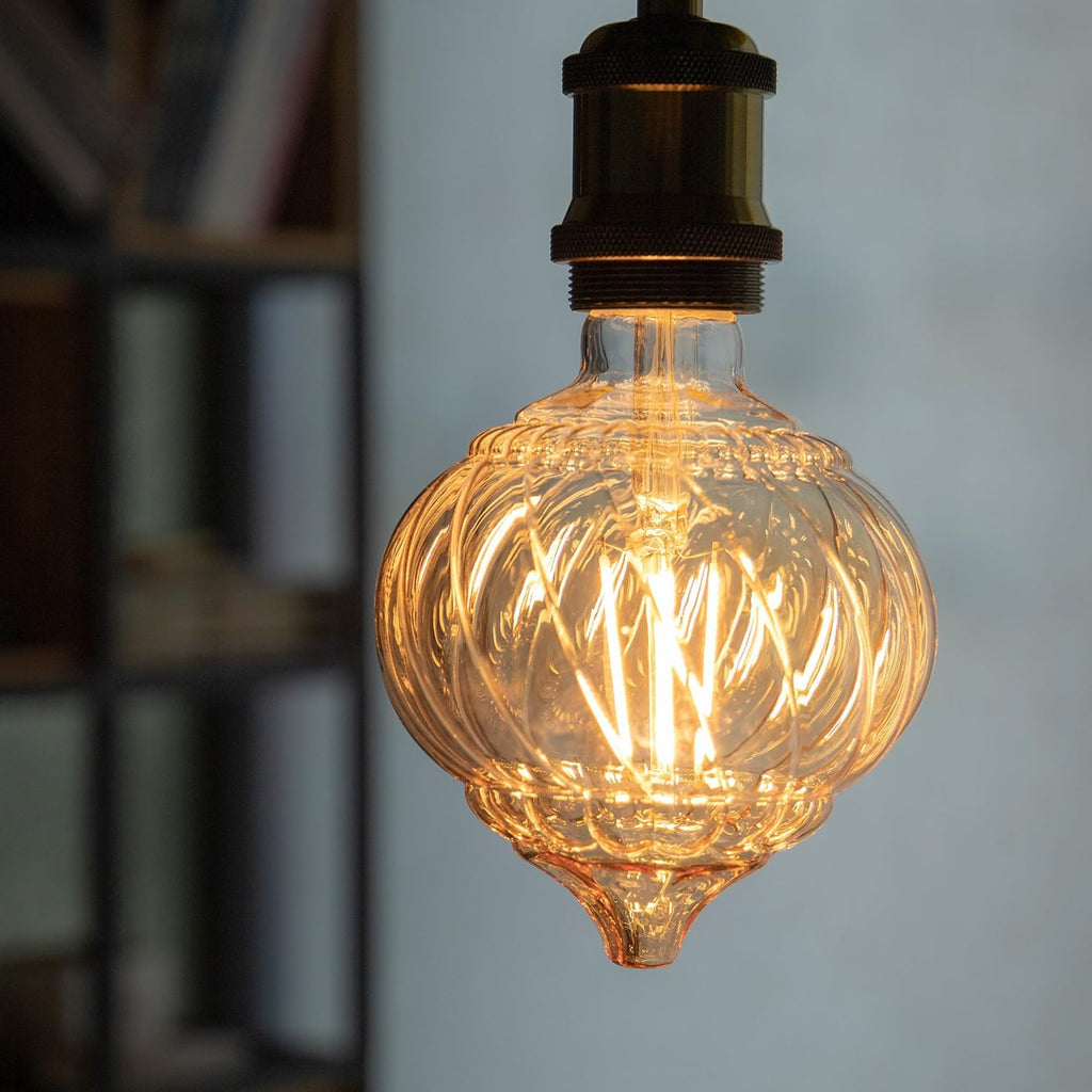 G40 LED Edison Bulb, Pumpkin Shape, Amber Hand-Blown Hard Glass, 4W 110-130V, E26, 2500K Warm Yellow Light, 400LM