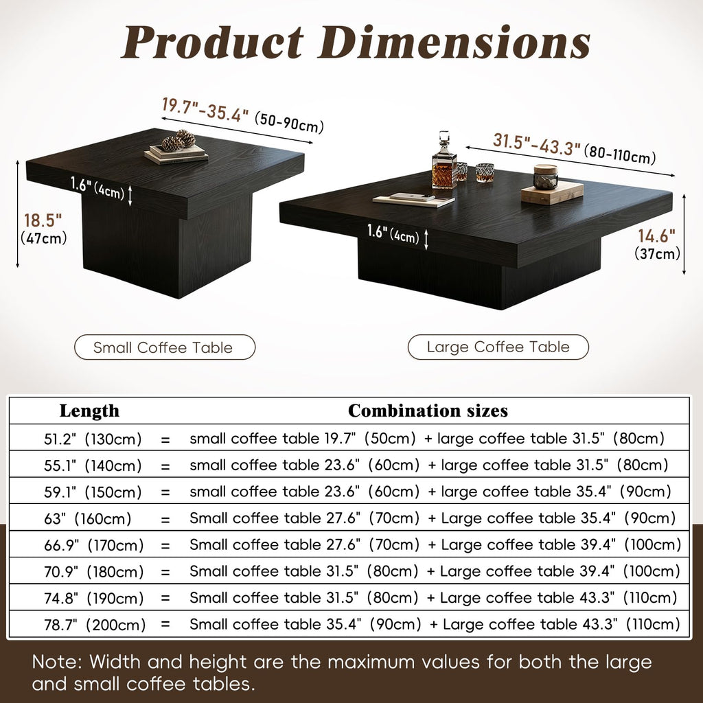 Nesting Coffee Table Set of 2, Square Centre Table, Modern Accent Table with 1.6" Thick Tabletop, Wood Coffee Tables