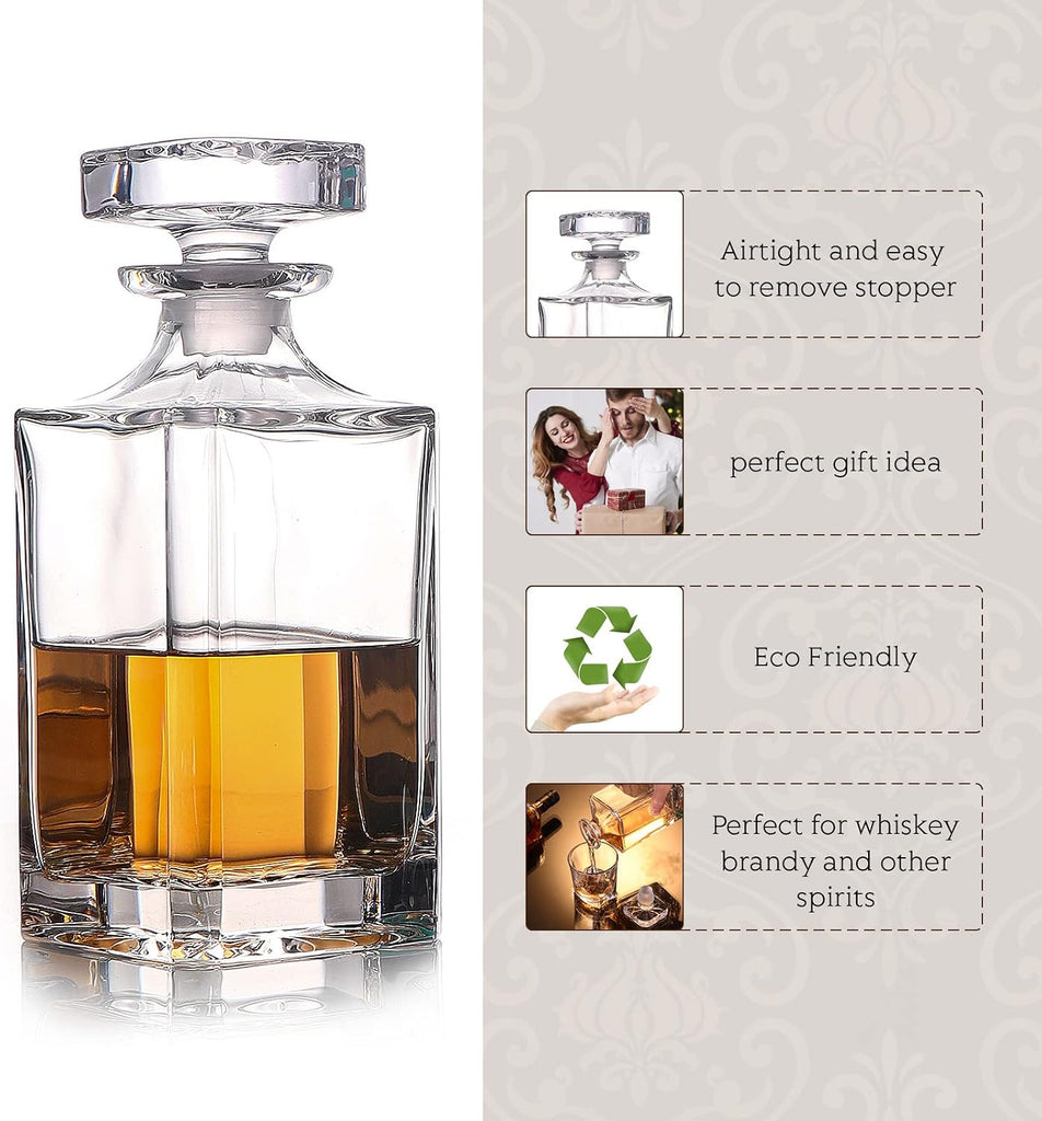 Glass Decanter with Airtight Geometric Stopper - Whiskey Decanter for Wine, Bourbon, Brandy, Liquor, Juice, Water