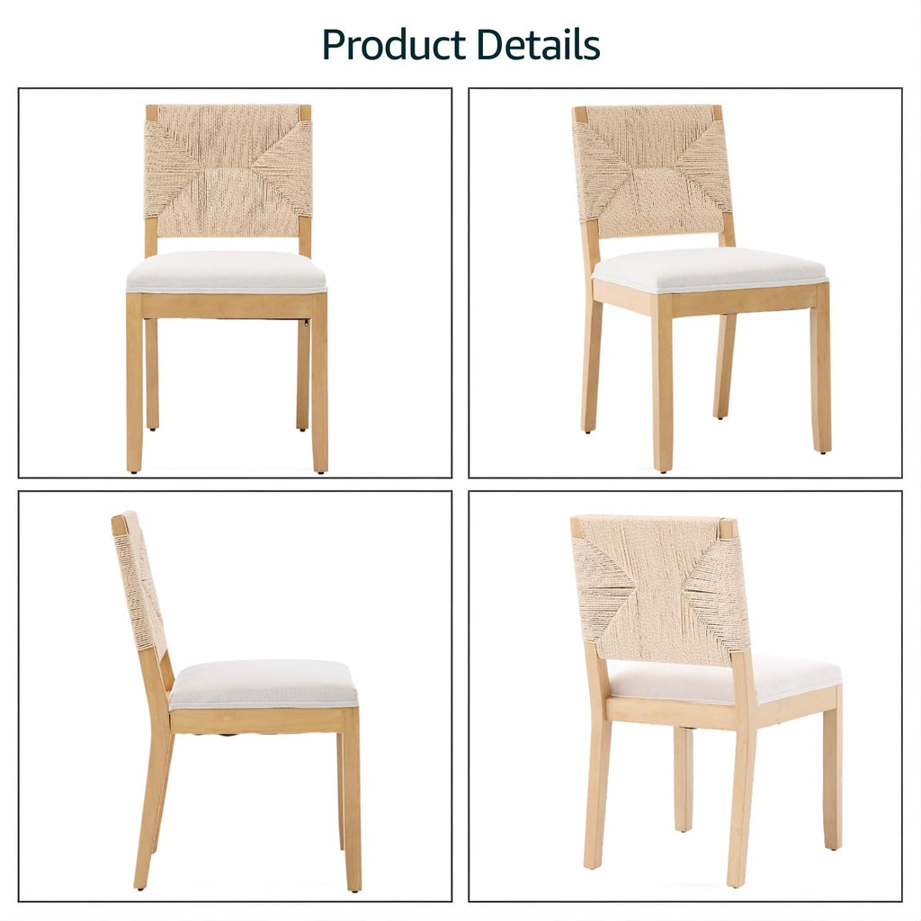 French Country Dining Chairs Set of 4, Beige Farmhouse Wood Dining Room Chairs, Woven Back Linen Upholstered Dining