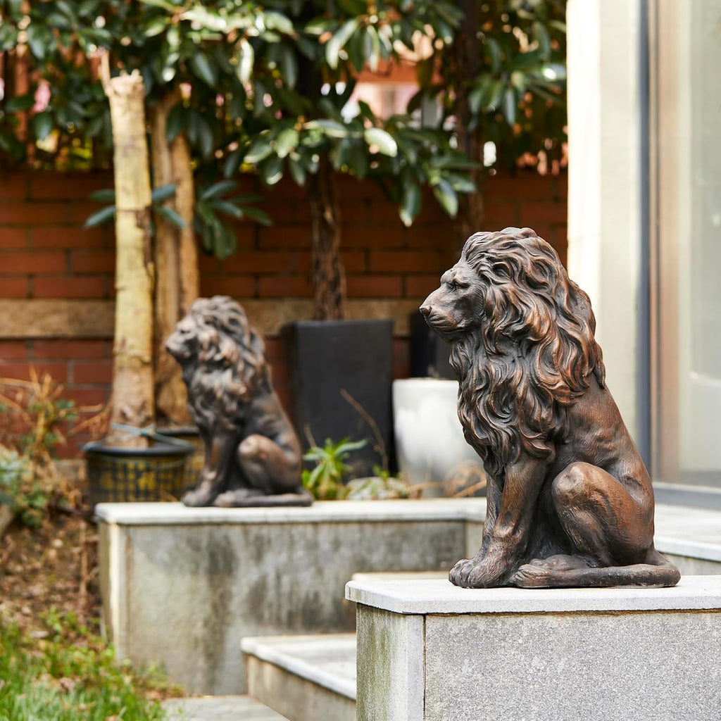 Bronze-Tone Lion Statue, 20.47 in Sitting Resin Garden Sculpture | Layered flowing mane, defined facial features