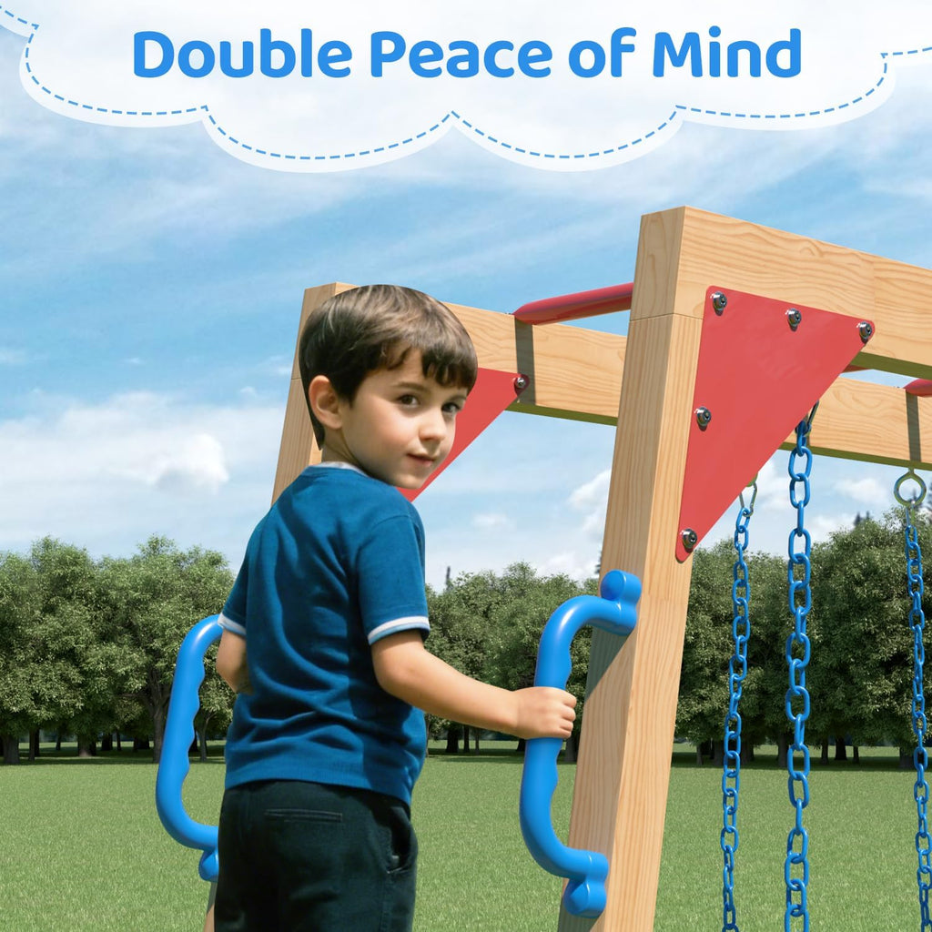 Wooden Swing Sets for Backyard with Monkey Bar, Outdoor Playset for Kids with Trapeze Swing Bar and 2 Belt Swings