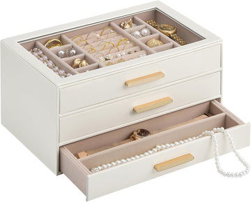 Jewelry Box Organizer, 3-Layer Jewelry Storage Case -Beige