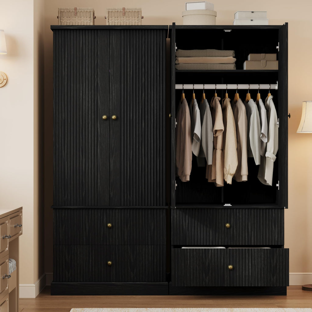72" Tall Wood Armoire Wardrobe Closet, Fluted, 2 Drawers, Black