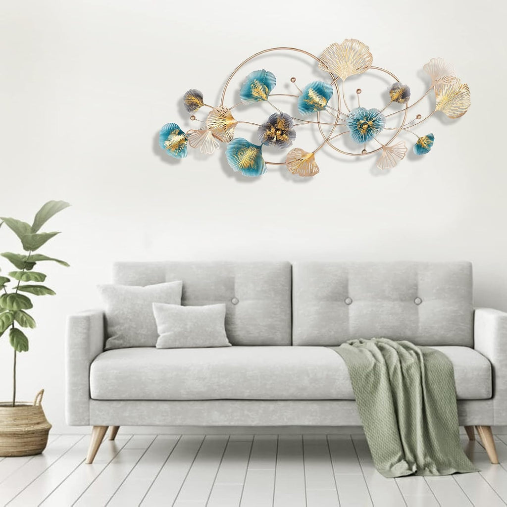 Metal Wall Art Decor,3D Golden Ginkgo Leaf Wall Hanging Decor with Frame,Large Wall Background Sculpture
