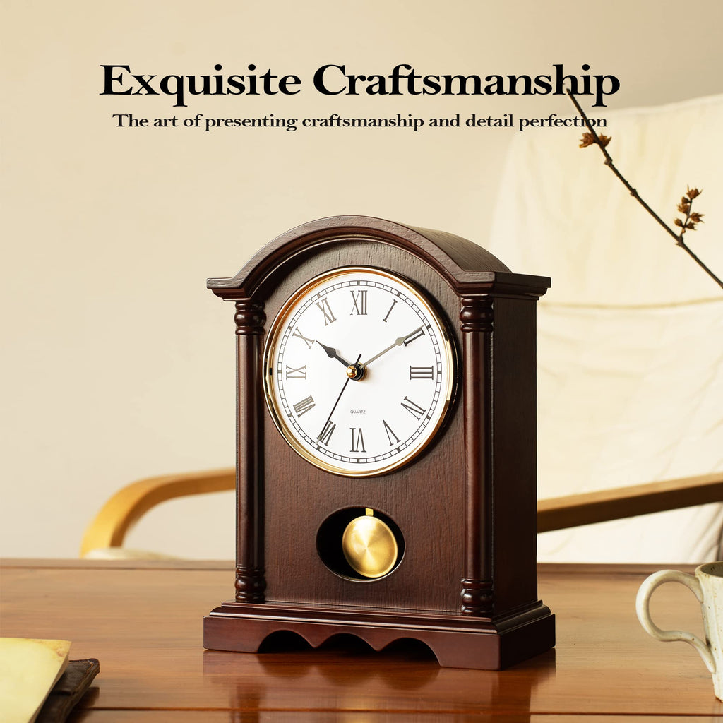 Classic Grandfather Mantel Clock Déco, Elegant Wooden Finish, Gold-Tone Pendulum, Desk Clock, Farmhouse Décor