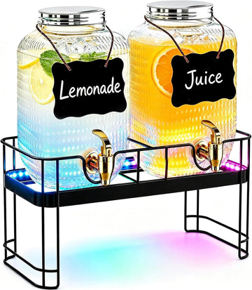 Drink Dispensers for Parties, 2 Pack 1 Gallon Glass Jars with LED Stand - Set of 2