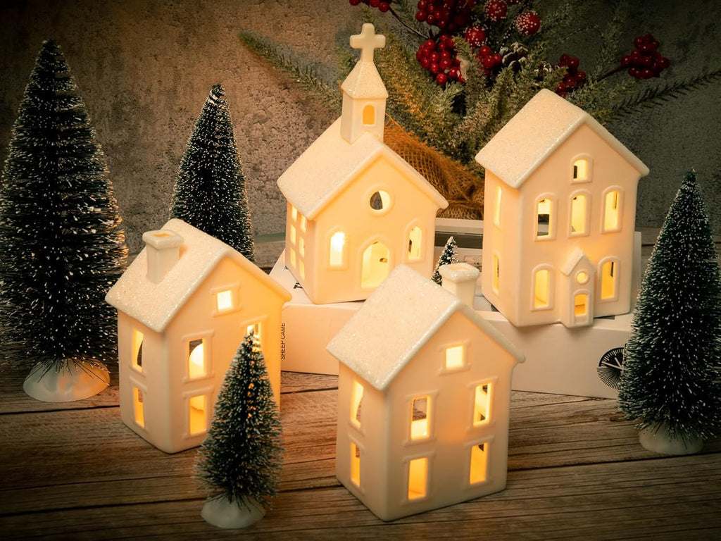 9-Piece Lighted Christmas Village Set, 4 Ceramic Houses & 5 Trees