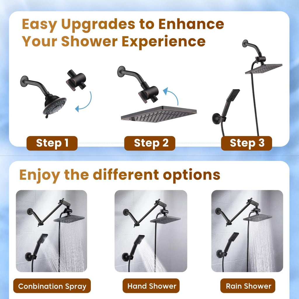 Rain Shower Head with Handheld Spray, 8 Inch Rainfall Shower Head Combo with 60" Hose, Adjustable Dual Square