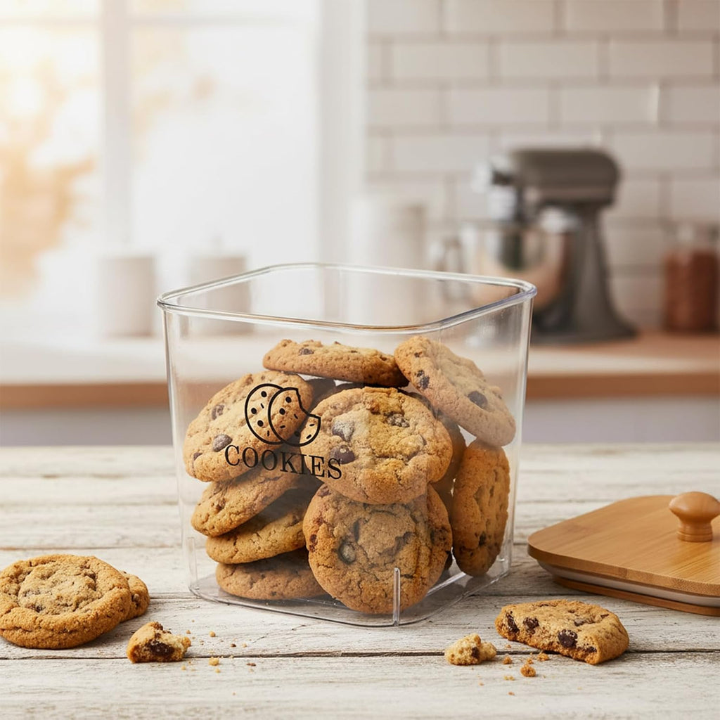 Cookie Jars with Wooden Lids Airtight, 2L Plastic Cookie Tin, Wide Mouth Candy Jar, Kitchen Counter Food Storage