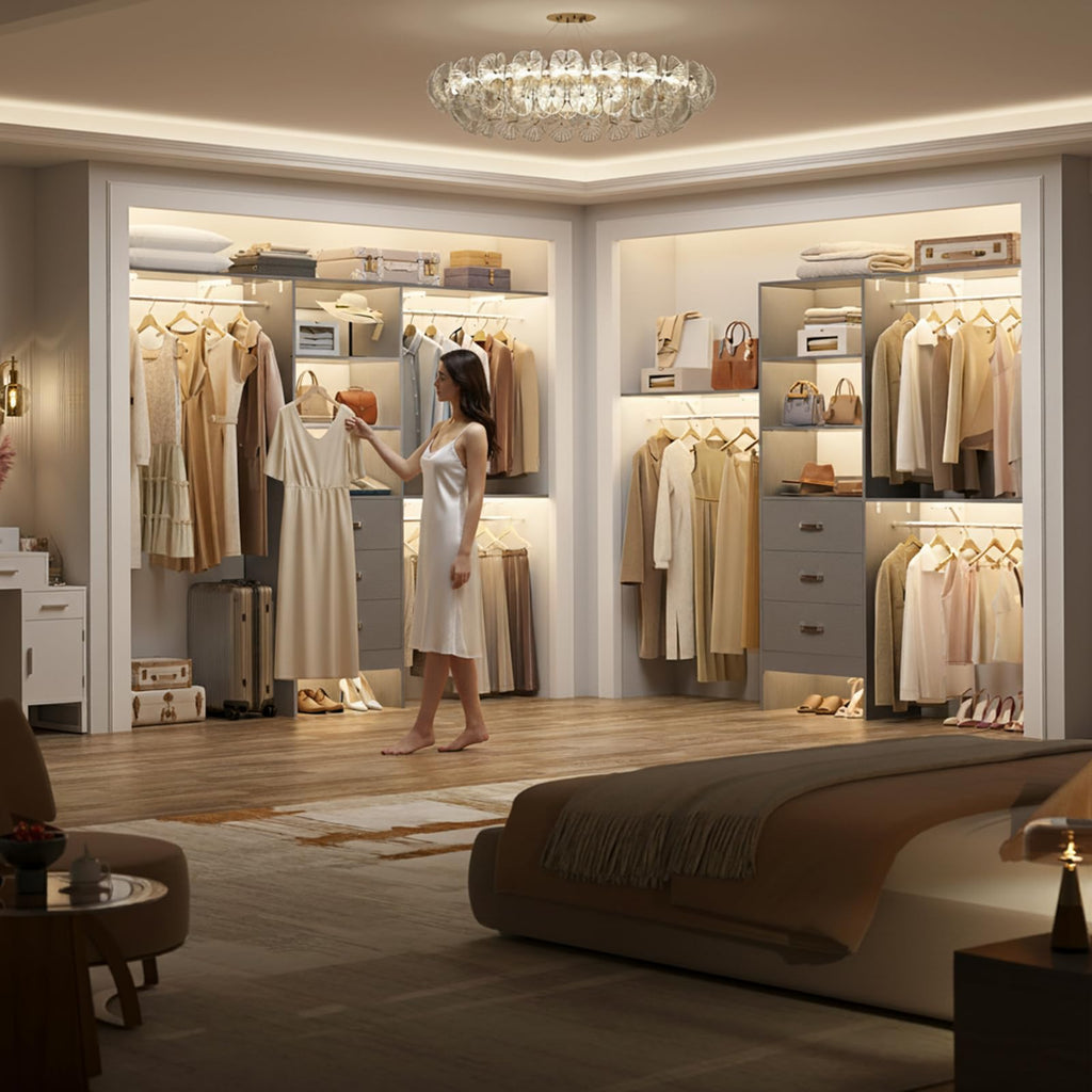 Closet System with Drawer - 8FT Wood Closet Organizer System with 3 Hanging Rods and Shelving Tower, 96" Walk In
