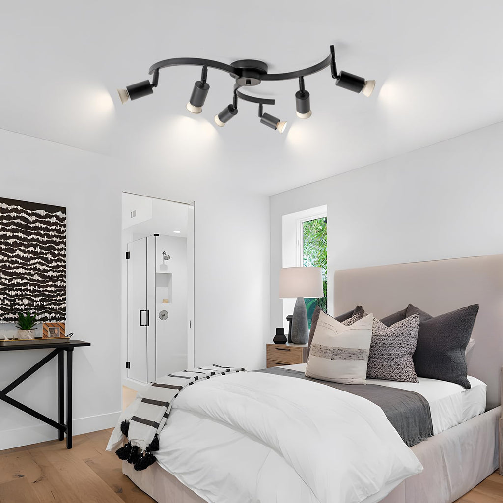 6 Light Track Lighting Fixtures Ceiling, Flexibly Rotatable Light Heads, Black Semi Flush Mount Ceiling Light Dining