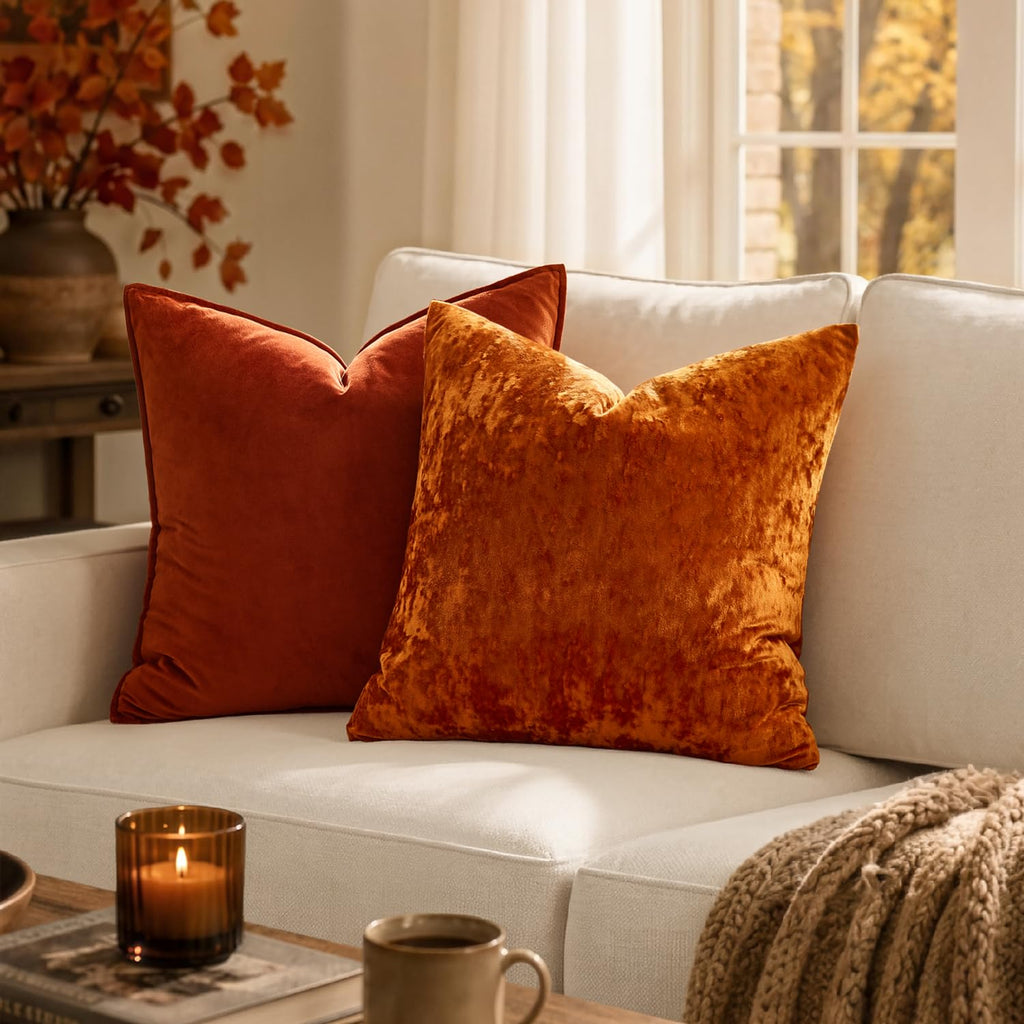 Fall Decorative Burnt Orange Velvet Throw Pillow Covers 20x20 Inch