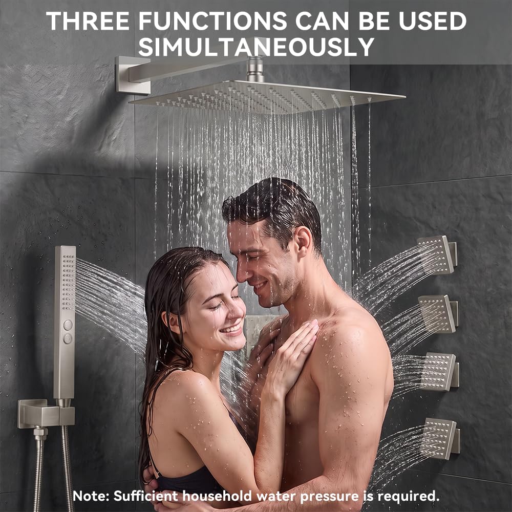 Thermostatic Shower System with Body Jets, 12" Rain Showerhead with 2 Modes Handheld Spray, Can Use All at Once