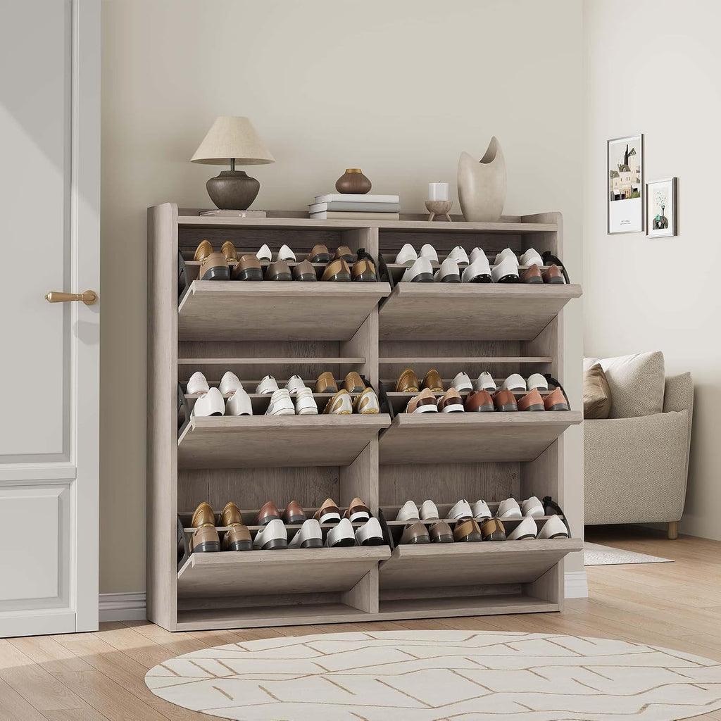 Shoe Cabinet, 6 Flip Drawers, Narrow Freestanding Shoe Organizer with Adjustable and Removable Shelves, Modern Wooden