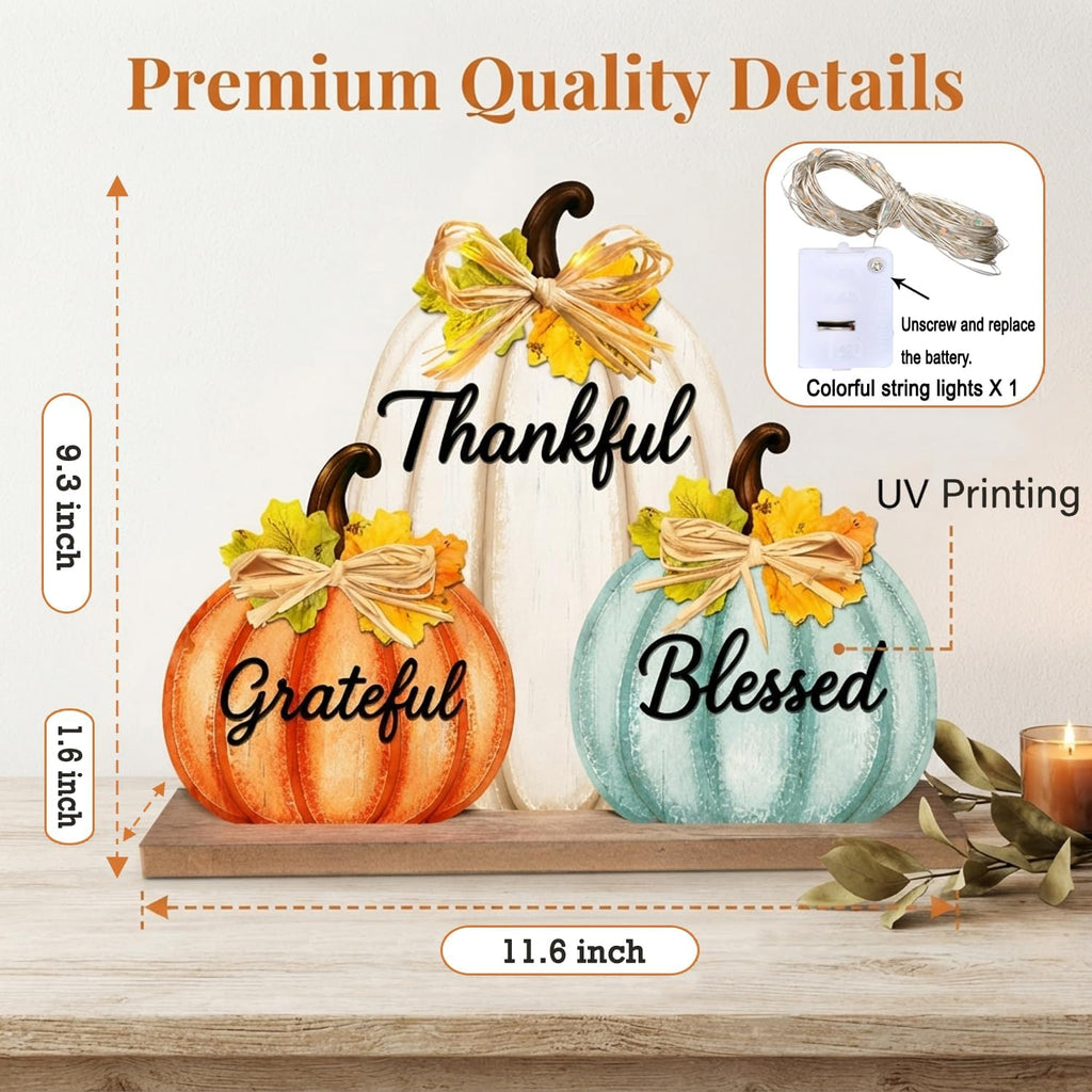 Fall Pumpkin Decor with LED Lights, Wooden Thanksgiving Table Sign "Blessed Grateful Thankful", Rustic Harvest Home - Set of 3