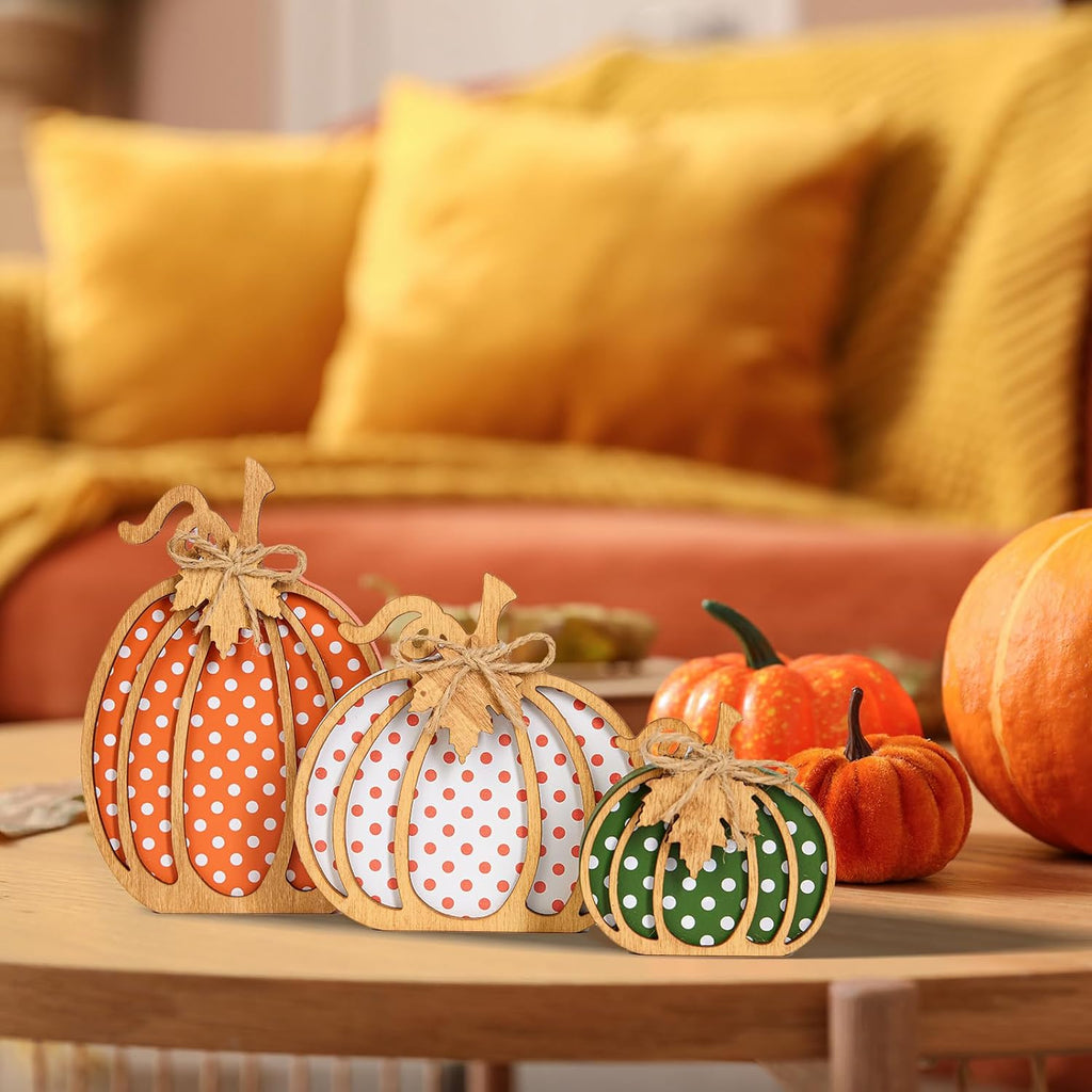 Fall Decorations, 3-Piece Wooden Pumpkin Fall Decor, Rustic Farmhouse Indoor Autumn Thanksgiving Decorations - Set of 3