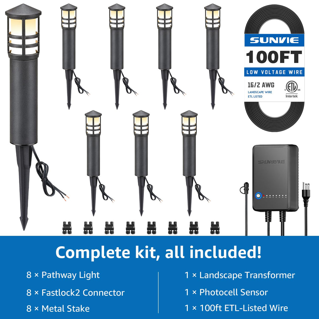 All-in-One LED Landscape Lighting Kit, 8-Pack Low Voltage Pathway Lights with Transformer and 100FT 16/2 AWG Wire
