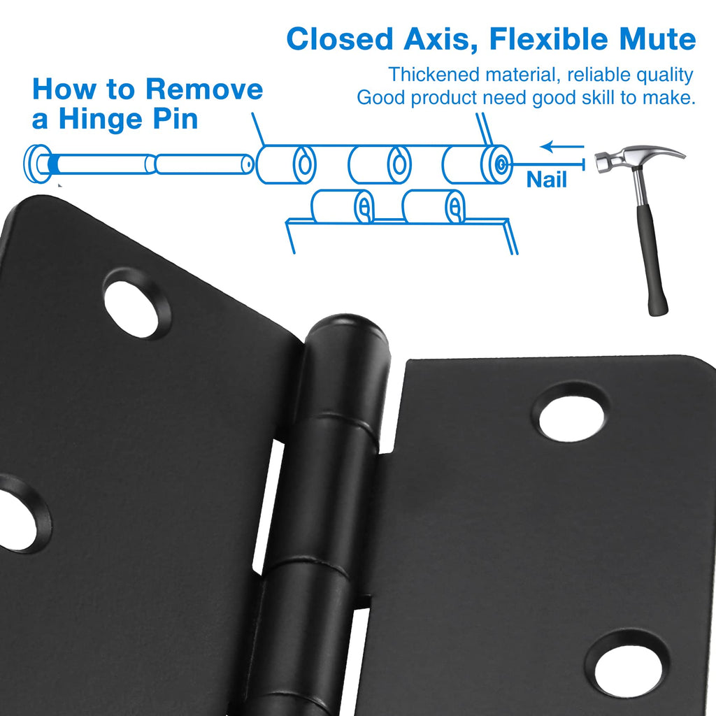12 Pack Black Door Hinges Black Matte Black Hinges for Doors 3 1/2 Interior Door Hinges 3.5" x3.5 Inch Hinges Rounded
