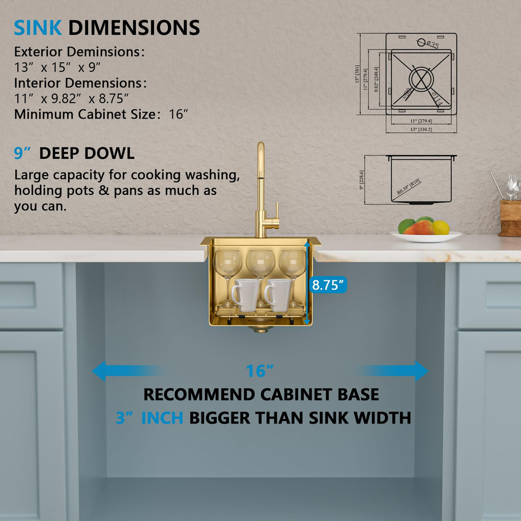 13"x15" Gold Bar Prep Sink Drop In Top Mount Workstation