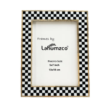 5x7 Handmade Photo Frame - Black & White Checkered Wood Pattern, Vintage Rustic Style, Tabletop/Wall Decor