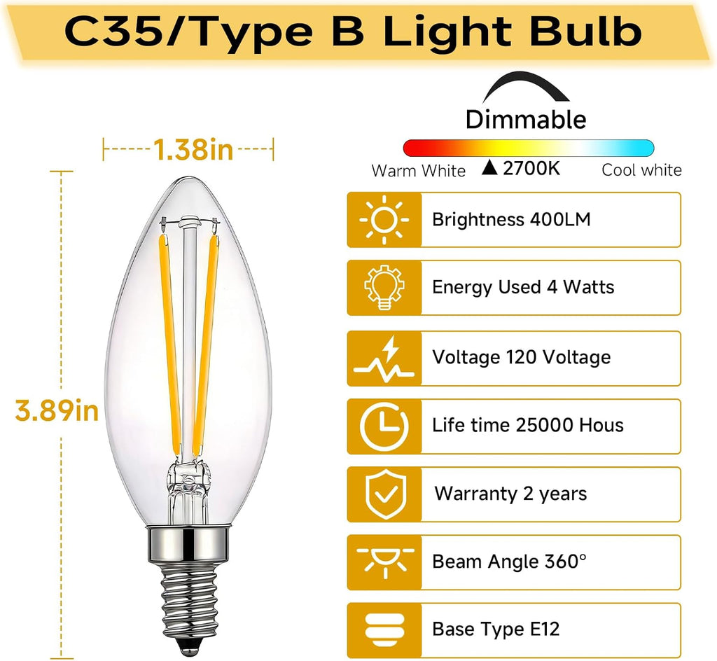 E12 Dimmable LED Candle Bulb 4W 2700K Warm White 6-Pack