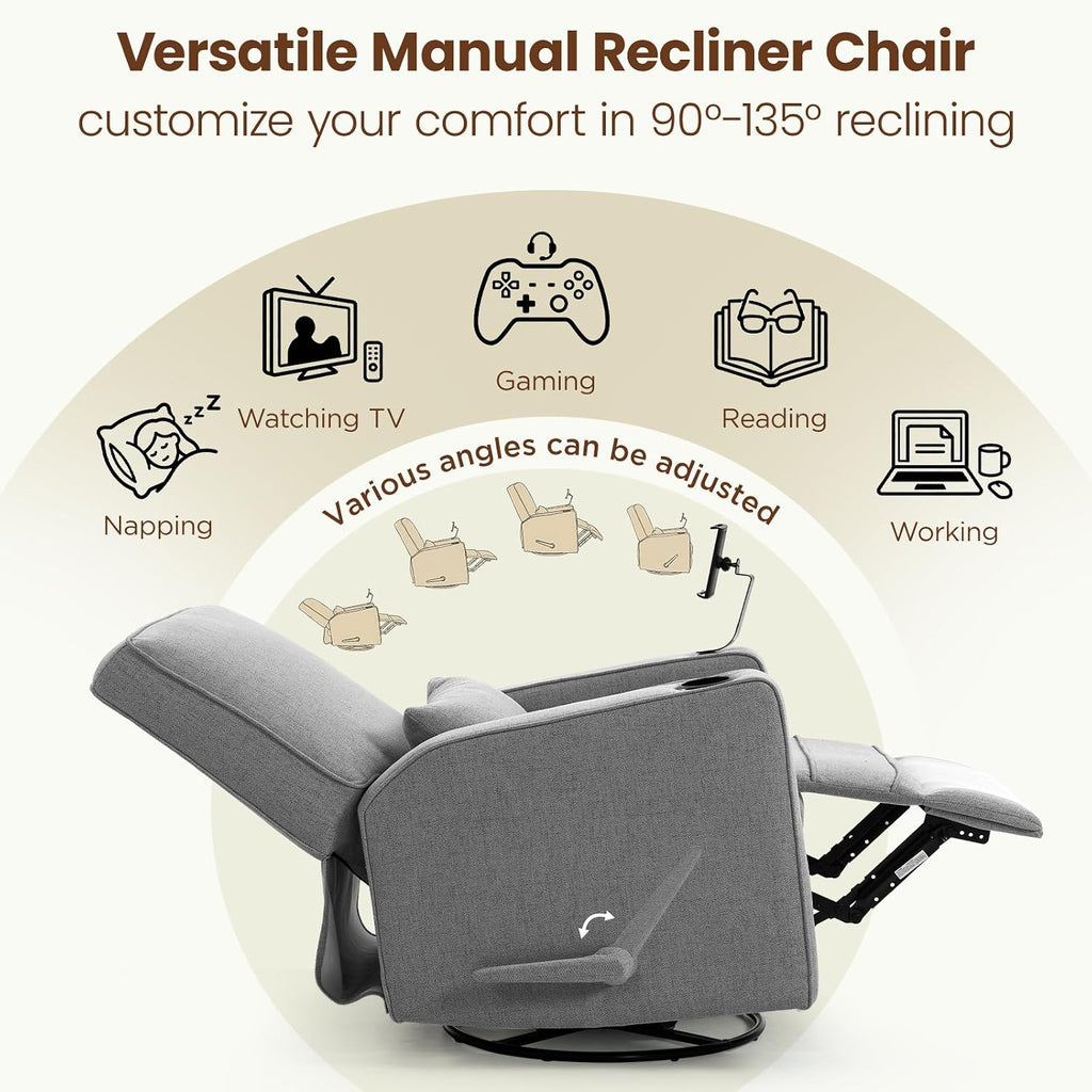 360° Swivel Rocker Recliner Chair with Adjustable Footrest, Rocking Chair Nursery with Phone Stand & Cup