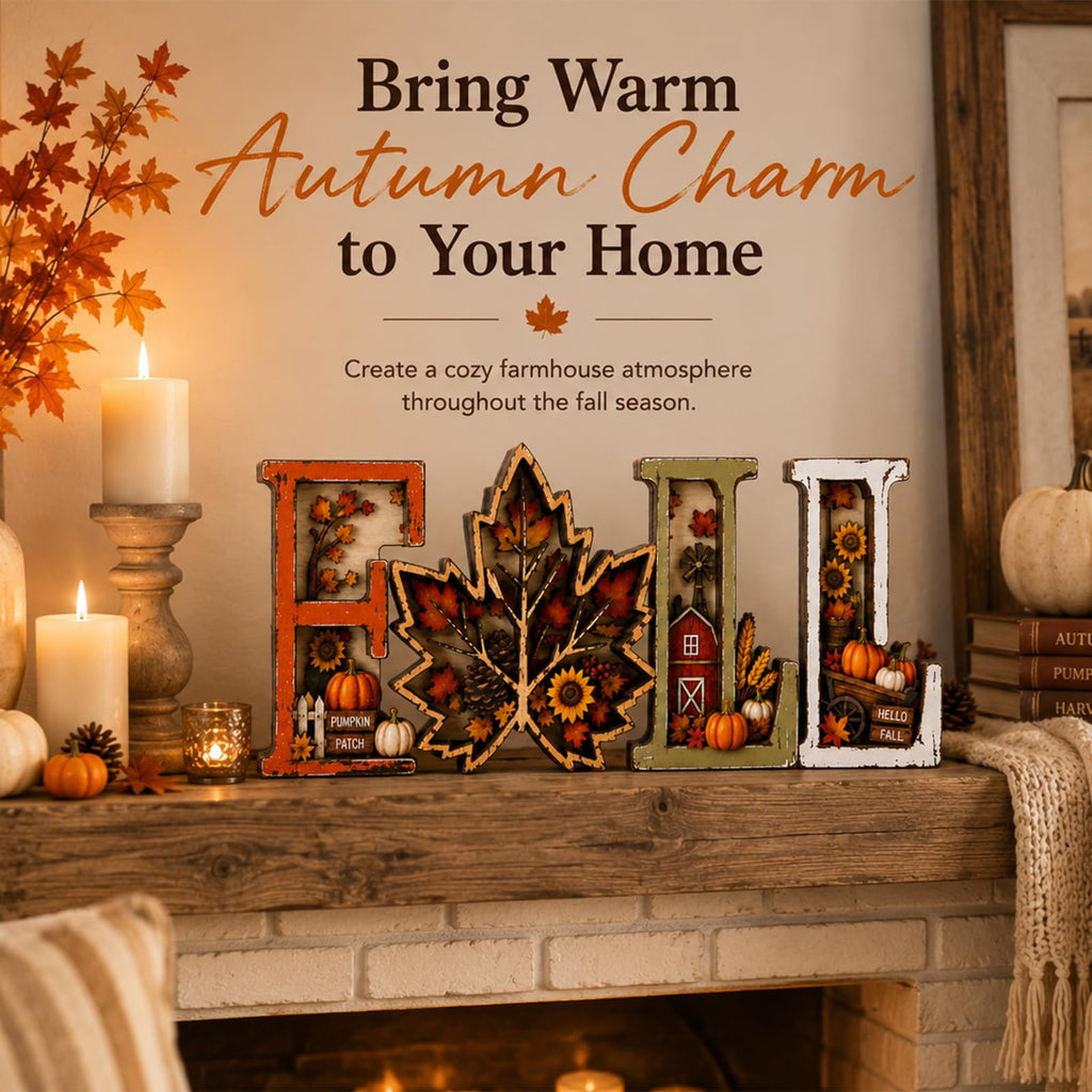 Fall Decorations 2026, 3D Wooden Fall Decor with Harvest Autumn Sign Leaf Pumpkin Scene, Rustic Thanksgiving Tabletop