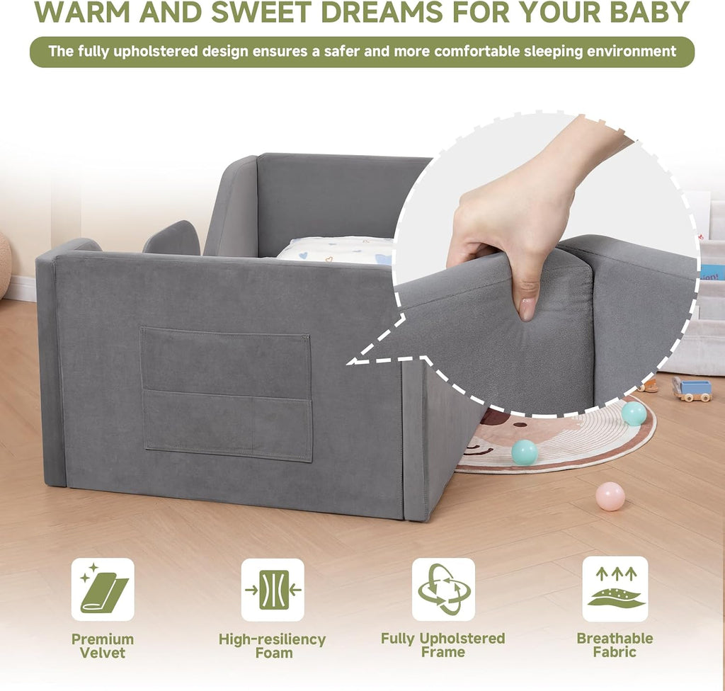 Toddler Floor Bed with Removable Safety Rails and Storage Bag, Kids Bed for Girl and Boys, Standard Crib Size, Safety