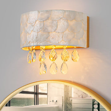2-Light Capiz Shell Crystal Wall Sconces, Coastal Design Indoor Wall Lamp, Vanity Wall Mount Light Fixture, Shell