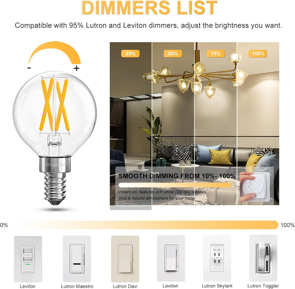 6 Pack E12 Dimmable G16.5 6W LED Candelabra Globe Light Bulbs 3000K