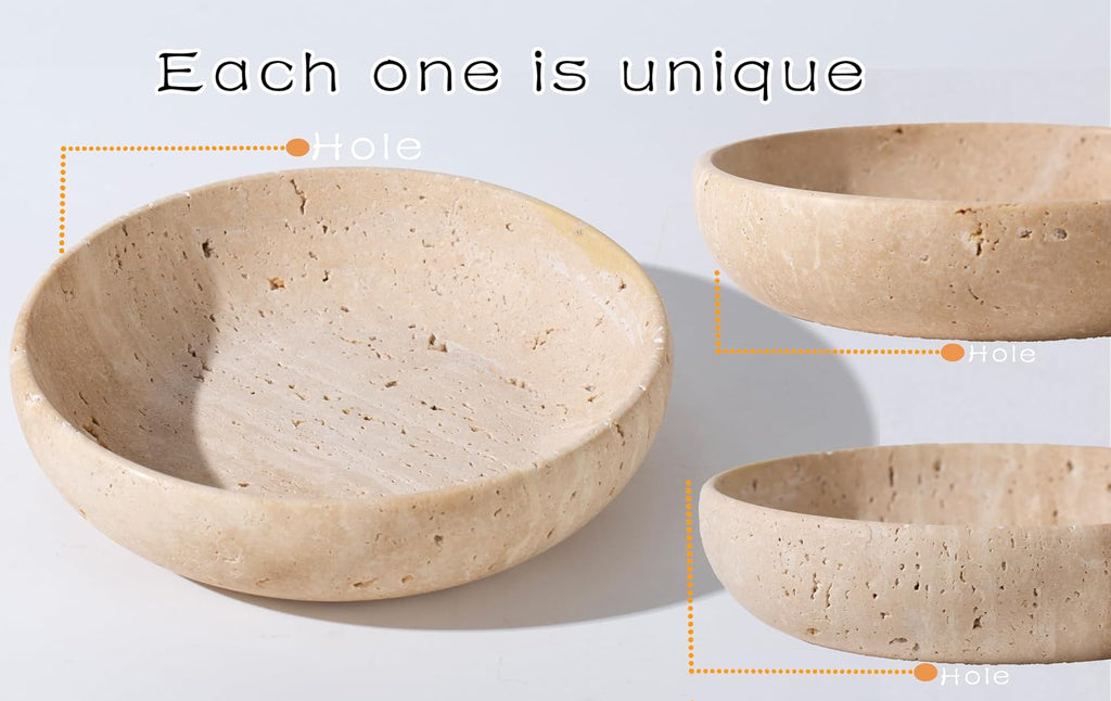 Natural Travertine Decorative Bowl 7.8", Handmade Stone Catchall Bowl for Entryway Key, Coffee Table Centerpiece