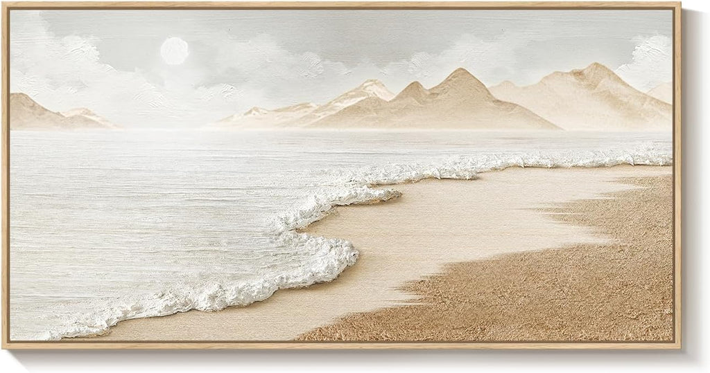 Framed Boho Beach Coastal Wall Art , Large Neutral Ocean Canvas Artworks for Walls, Horizontal Abstract Minimalist