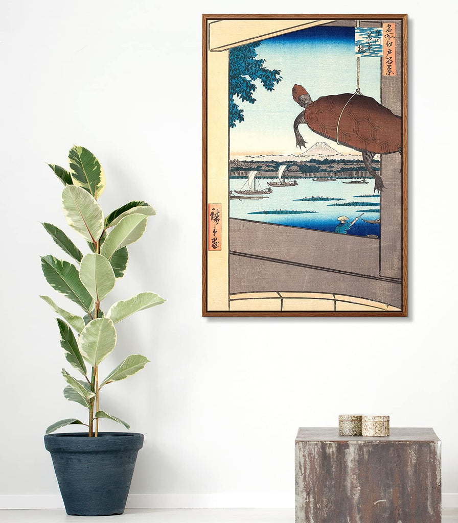 Floating Frame Canvas Print Wall Art - Japanese Ukiyo-e Painting - Mannen Bridge, Fukagawa with Hanging Turtle by
