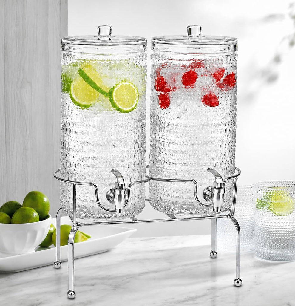 Gallon for Parties, Hobnail Drink Dispenser, Beverage Dispenser with Stand and Glass Lid, 100% Leakproof - Set of 2