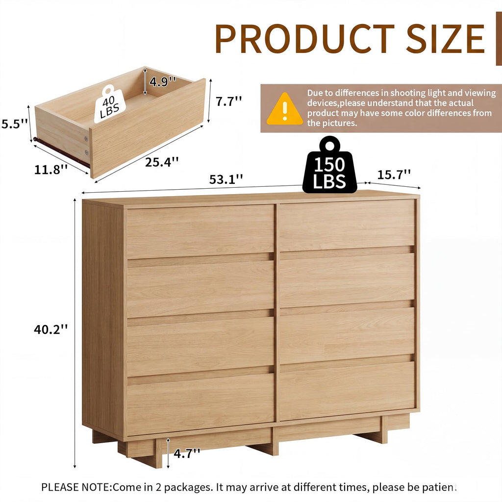 Oak 8 Drawer Dresser, 53" Wide Chest of Drawers