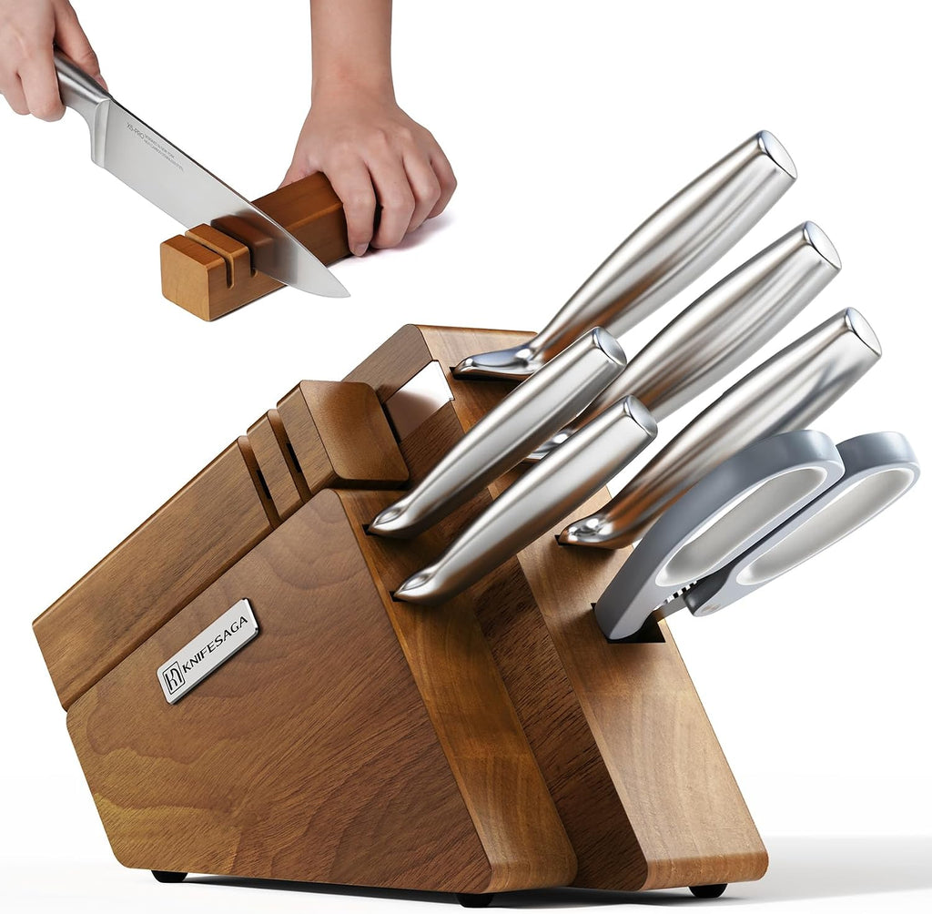 Kitchen Knife Set with Block and Detachable Sharpener | 8-Piece High Carbon Stainless Steel Knife Block Set, Fully