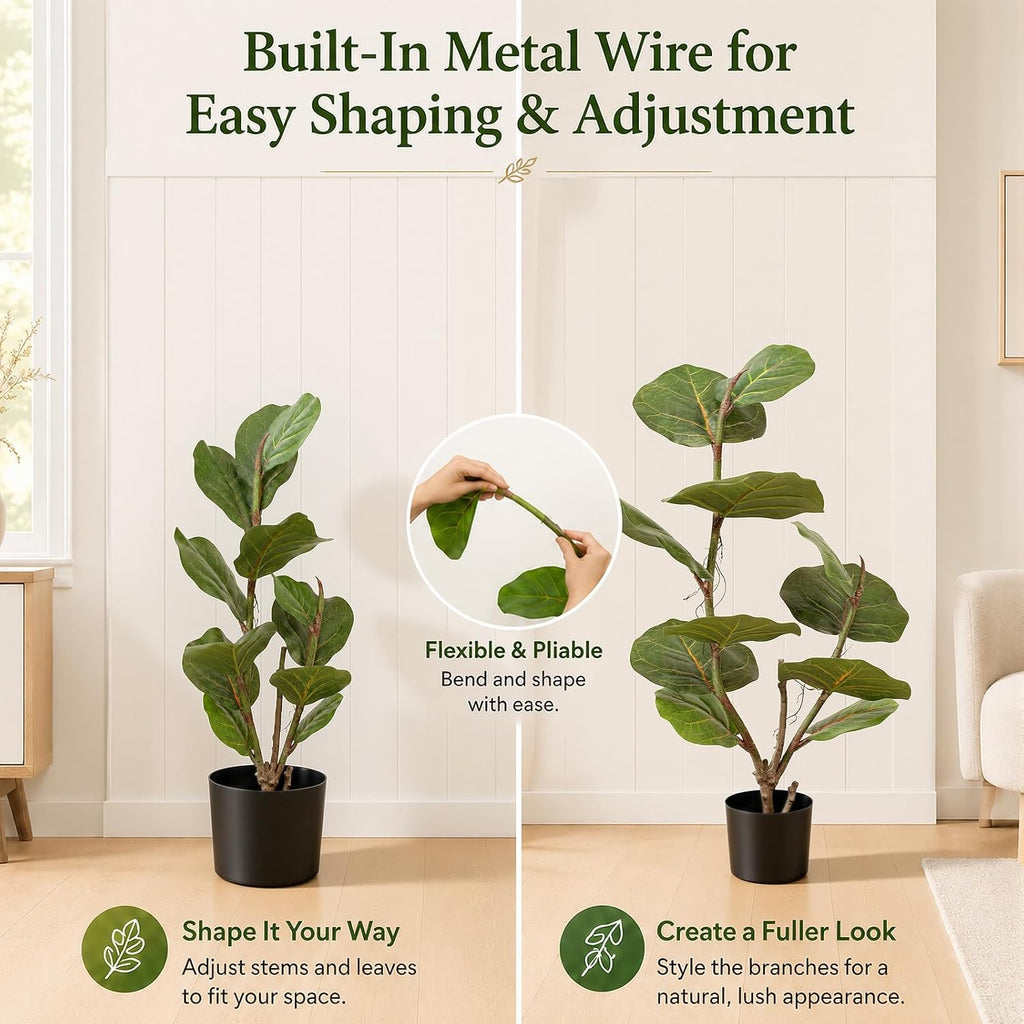 Faux Fiddle Leaf Fig Tree, 3 Ft Artificial Ficus Lyrata Plant 11 Fiddle Leaves, Fake Floor Plant in Pot Living Room