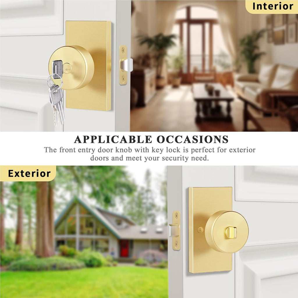 Brushed Gold Brass Exterior Entry Door Knob with Lock and Keys