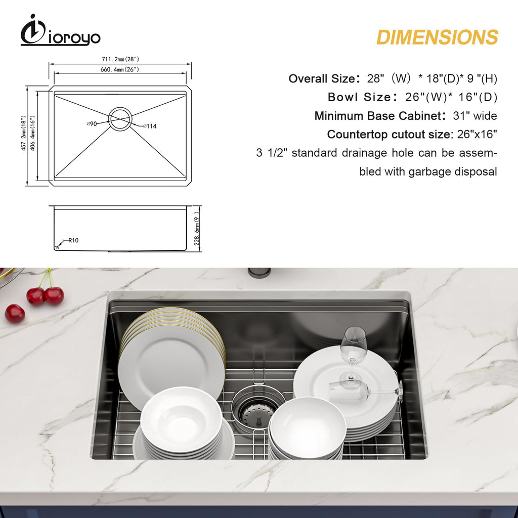 28 Inch Black Undermount Kitchen SInk 28"x18"x9" Workstation Sink