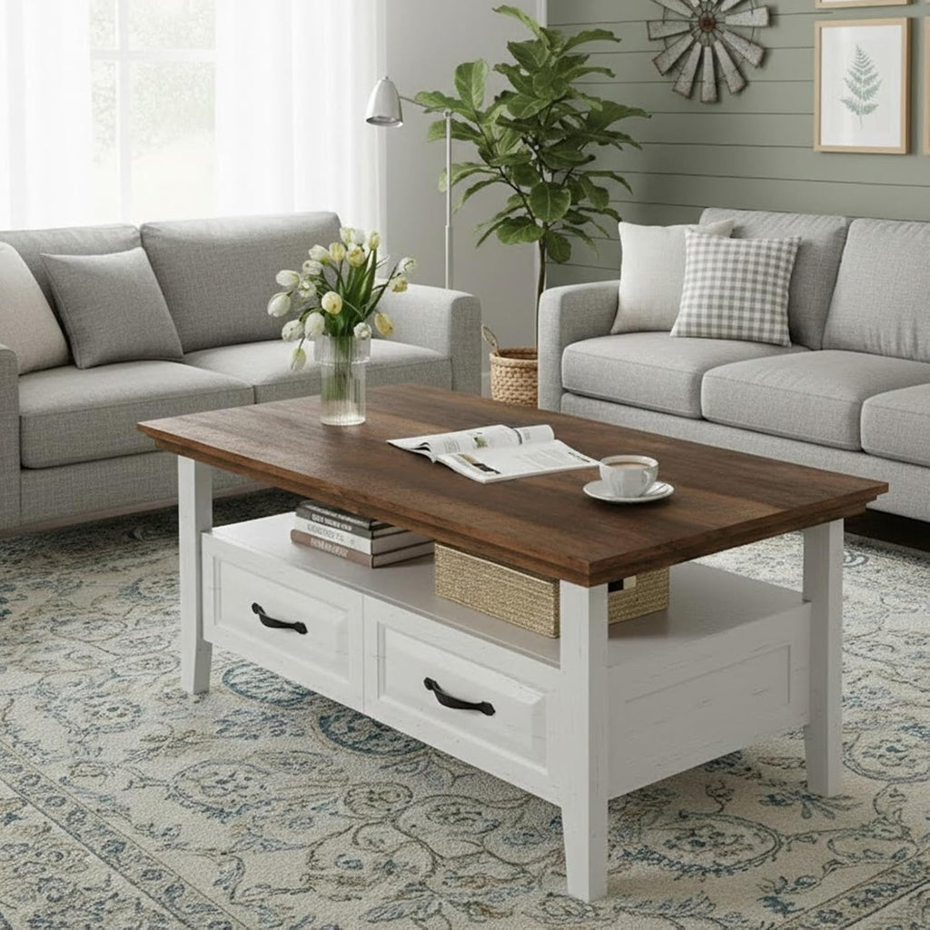 Amada Coffee Table, 39.4" Small Coffee Table with Storage, Open Display Shelf and Hidden Drawers